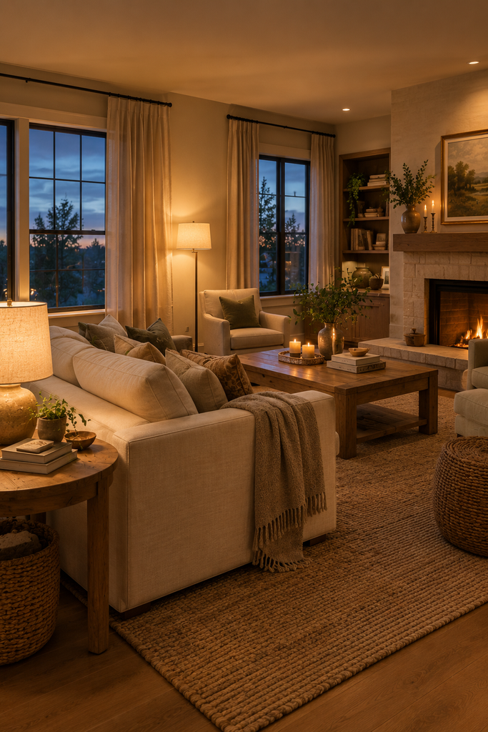 Warm cozy living room at dusk with glowing lamps, soft textiles, candles, natural wood, and neutral decor.