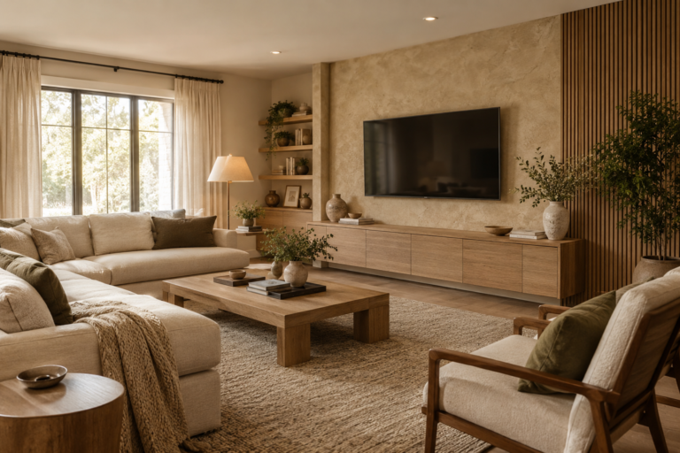 Stylish American living room with a wall-mounted TV, natural oak media console, textured feature wall, neutral furniture, and warm decor.