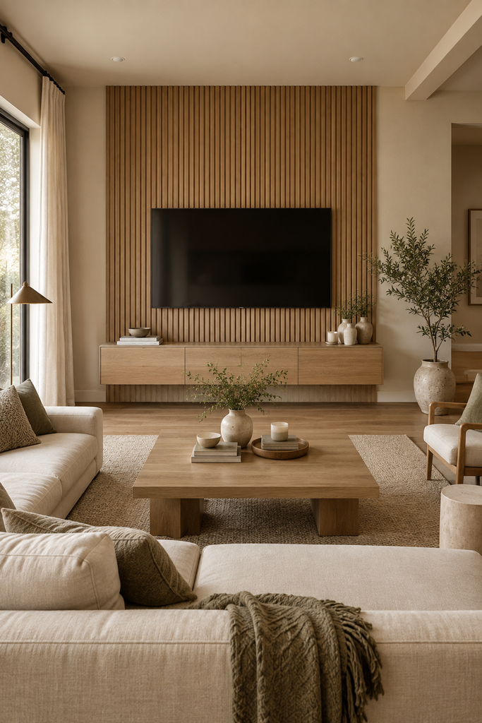 Modern living room with a wall-mounted TV against a warm natural oak slat wall and floating media console.