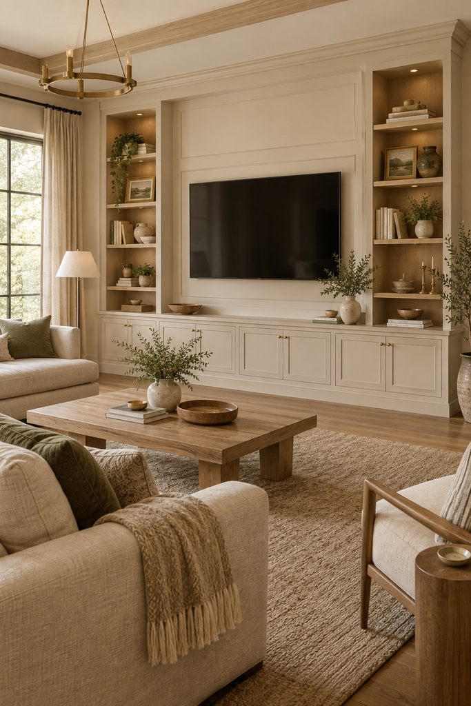 Built-in TV media wall with warm white cabinetry, open shelving, lower storage, books, ceramics, and greenery.