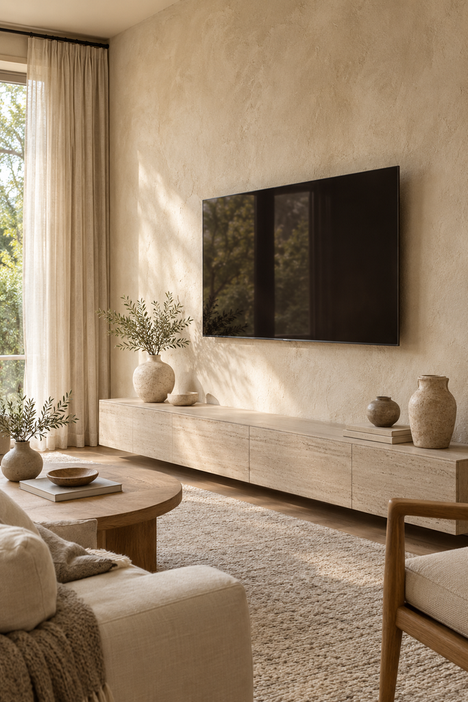 Minimal TV wall with a wall-mounted television on a warm textured limewash plaster wall and natural wood console.
