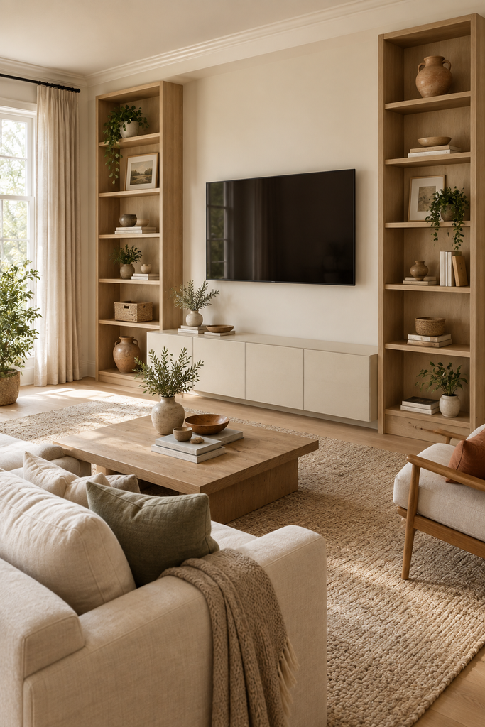 TV wall framed by natural wood open shelving styled with books, ceramics, artwork, and greenery.