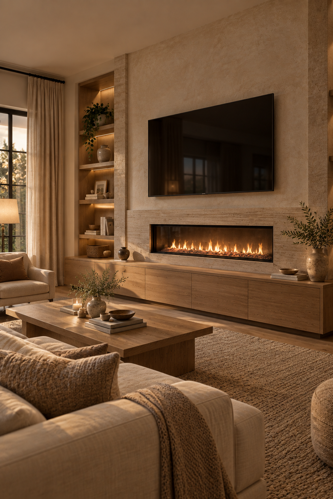 Elegant living room with a wall-mounted TV above a linear fireplace surrounded by warm plaster and natural stone.