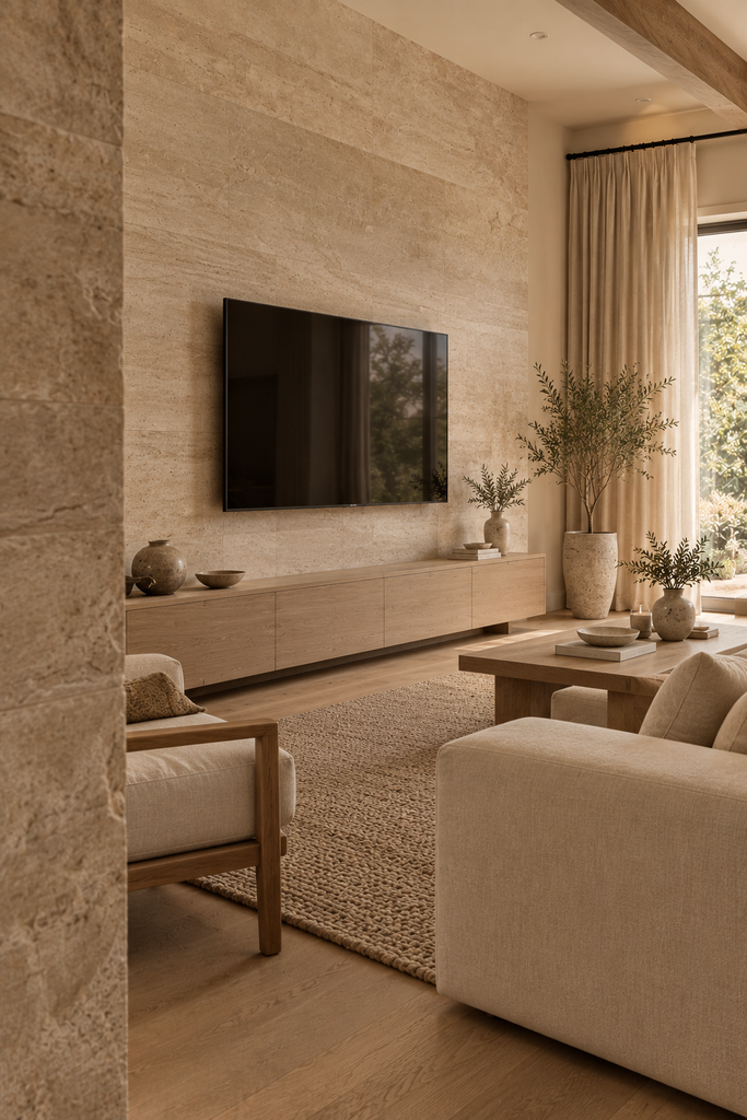 Living room TV wall covered in warm natural limestone with a low oak media console and neutral furnishings.