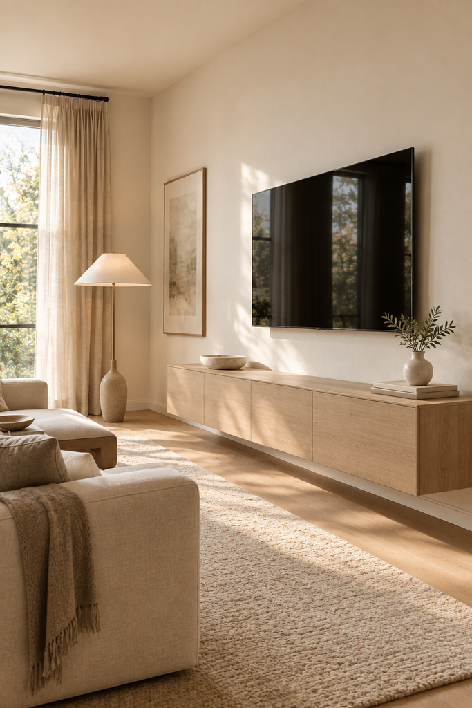 Minimalist living room with a wall-mounted TV, floating oak media console, cream sofa, and uncluttered styling.