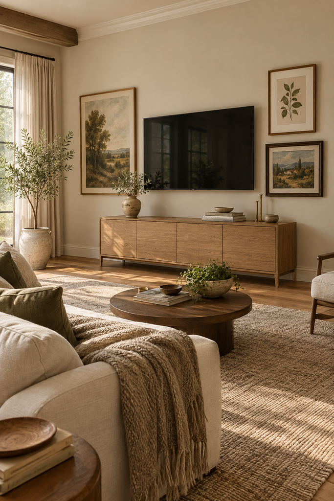 TV wall surrounded by complementary framed artwork with a natural wood media console in a cozy living room.