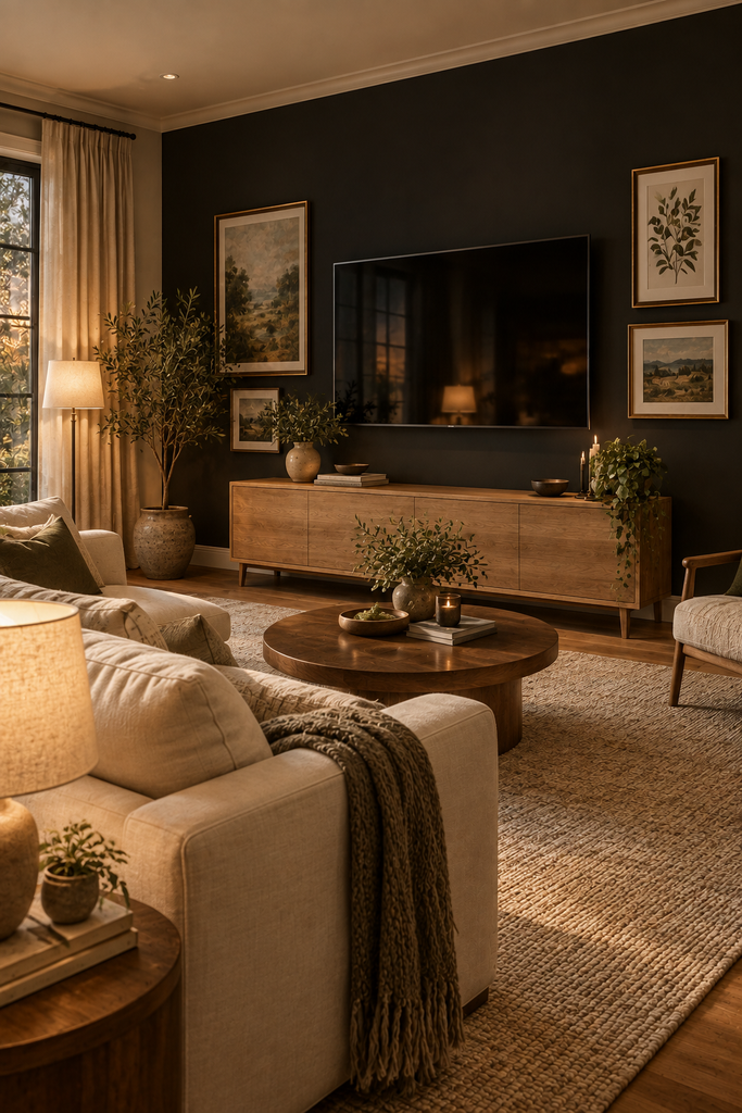 Modern living room with a TV mounted on a deep charcoal accent wall balanced by cream furniture and natural wood.