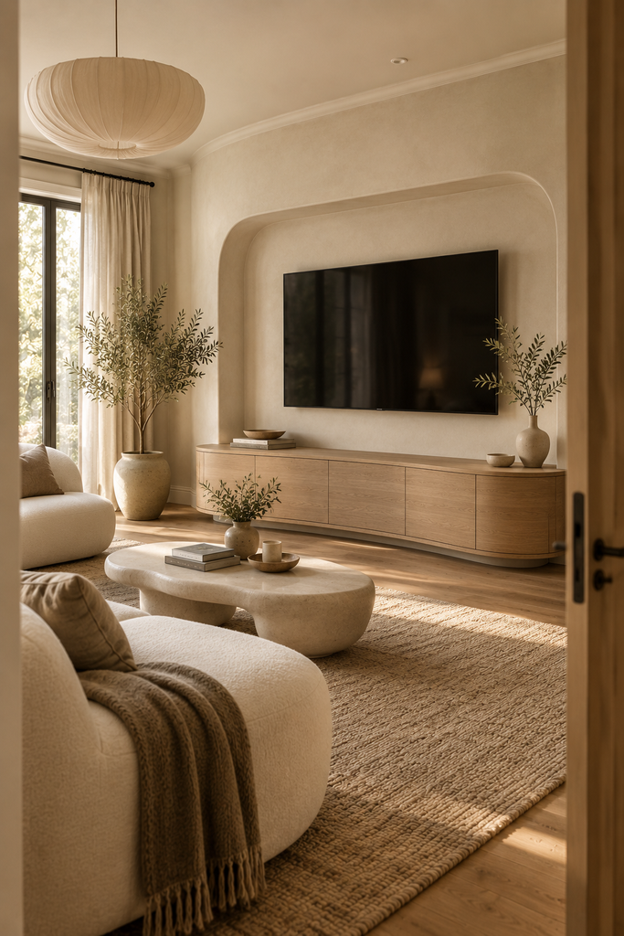 Curved TV wall with a rounded plaster niche, wall-mounted television, curved oak console, and soft neutral furnishings.