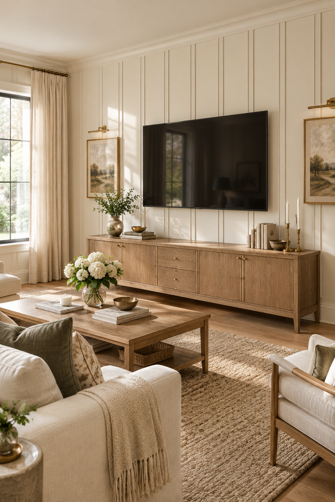 Elegant TV wall with warm white vertical paneling, wall-mounted television, and natural oak media console.