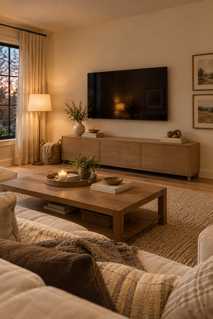 Cozy family living room with a wall-mounted TV, long low oak console, cream sofa, textured rug, and warm lighting.
