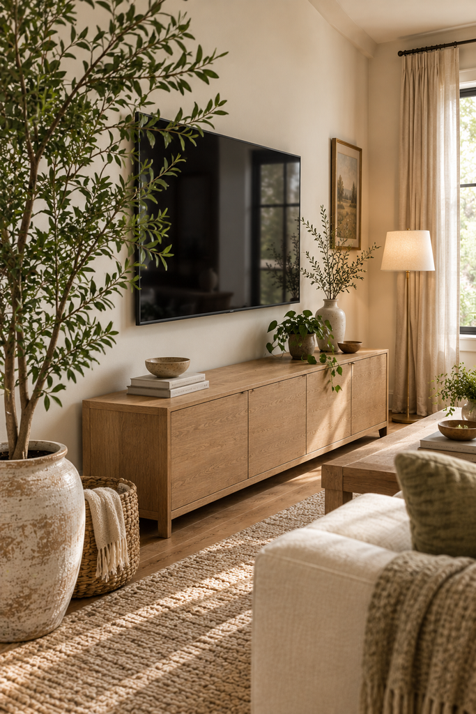TV wall softened with a tall leafy indoor plant, ceramic planter, natural oak console, and warm neutral living room decor.