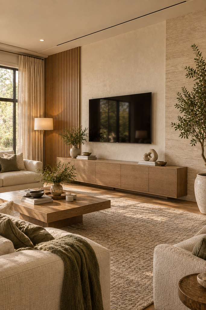 Designer TV wall combining natural oak paneling, textured plaster, light limestone, and a minimalist media console.
