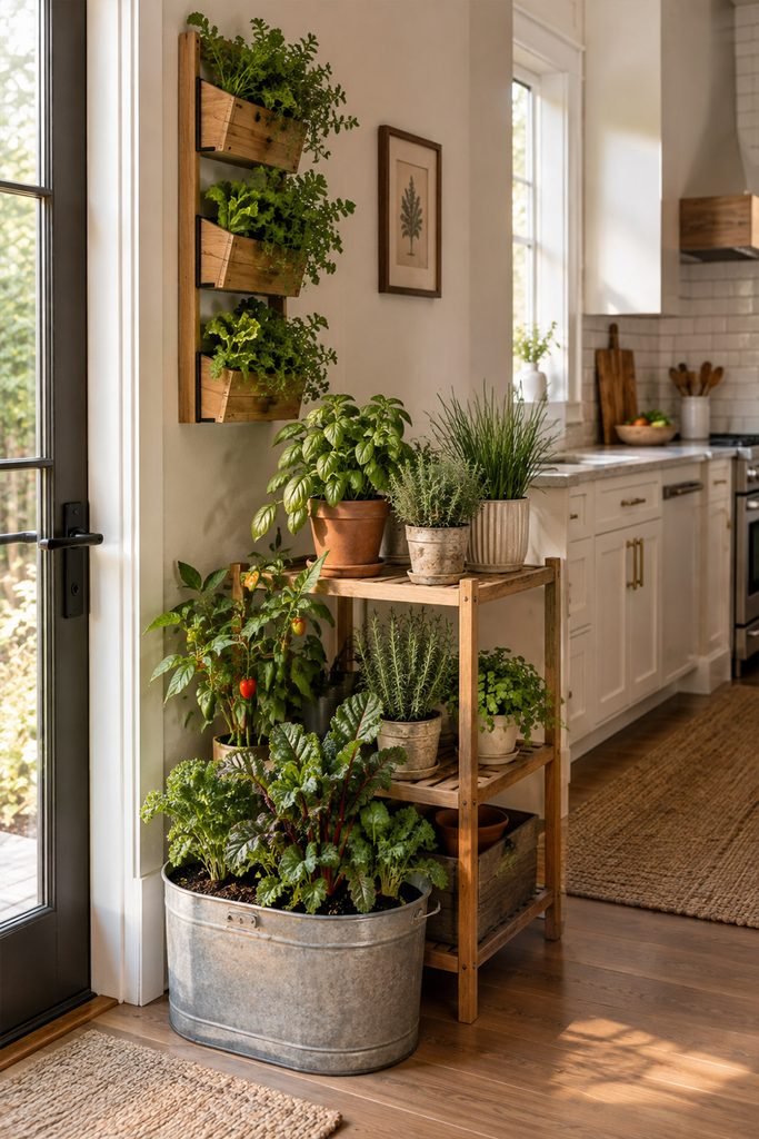 Compact kitchen garden corner combining herbs, vegetables, shelves, and vertical planters