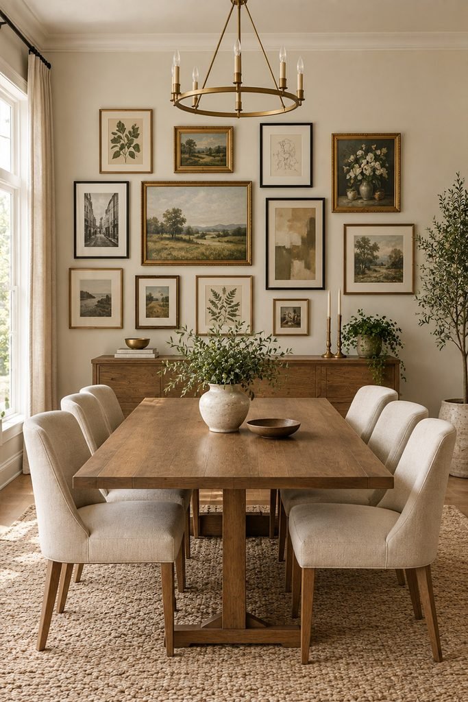 Curated gallery wall with mixed artwork and frames above a dining table