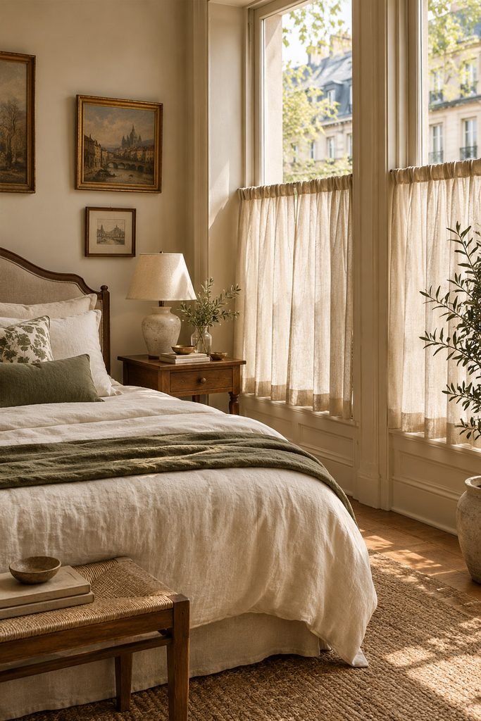 Cozy bedroom with linen café curtains, relaxed cream bedding, vintage furniture, and warm European-inspired decor