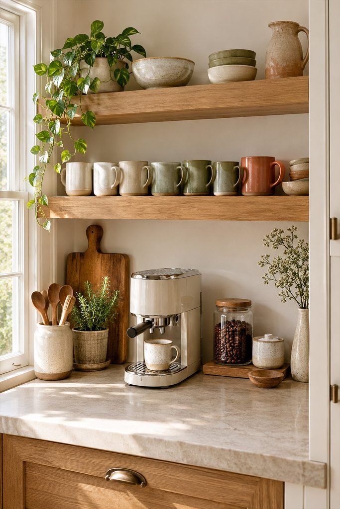 Ceramic mugs arranged on natural wood floating shelves above a cozy kitchen coffee station