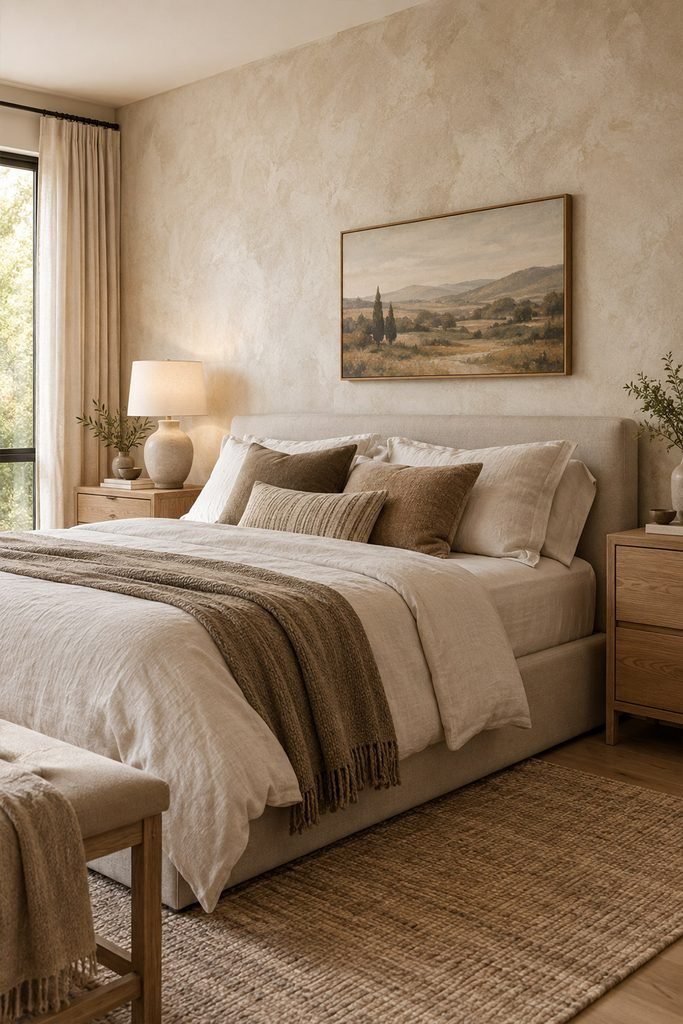 Subtle textured plaster feature wall behind a bed in a modern bedroom
