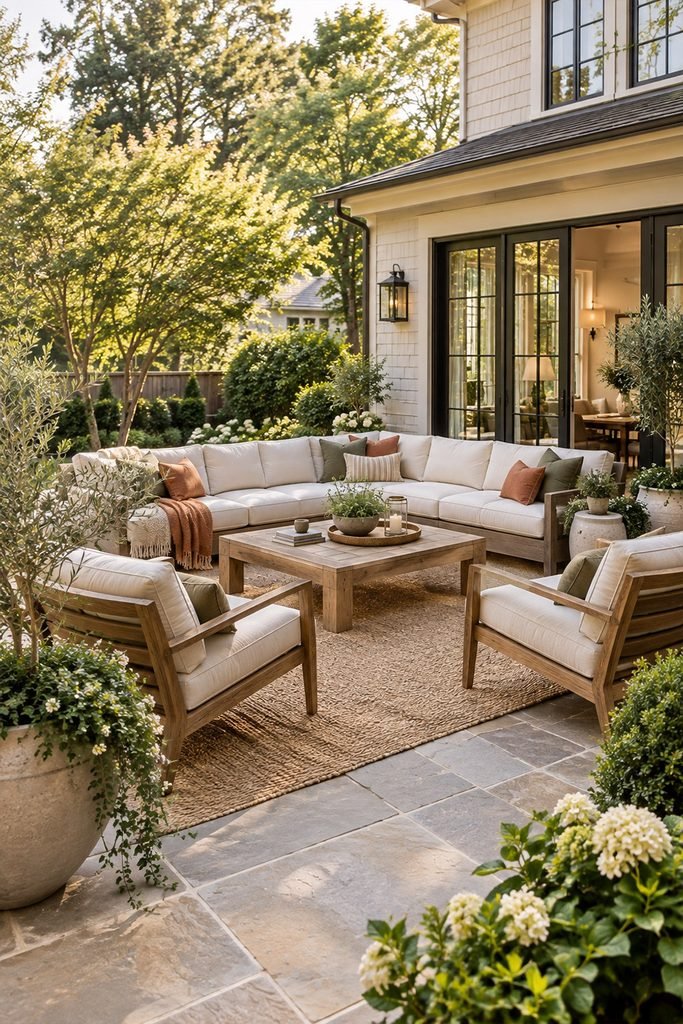 Comfortable outdoor living room with sectional sofa, lounge chairs, rug, and natural landscaping