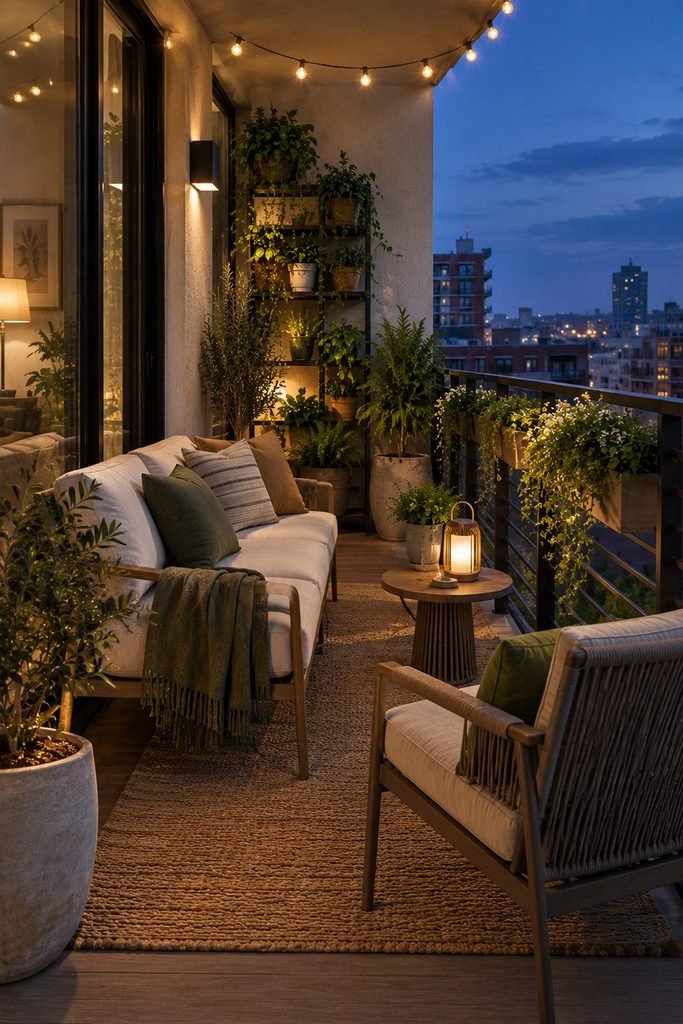 Apartment balcony at blue hour with layered lighting, seating, and potted plants