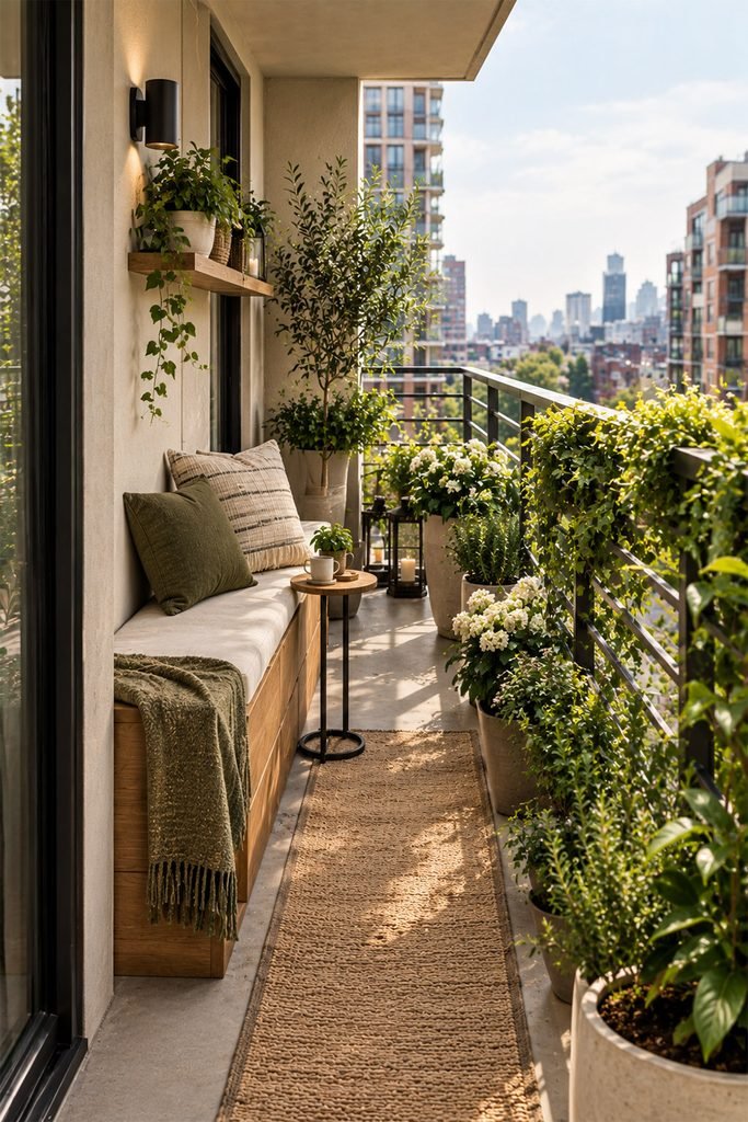 Small apartment balcony with space-saving wall bench, cushions, plants, and clear walkway