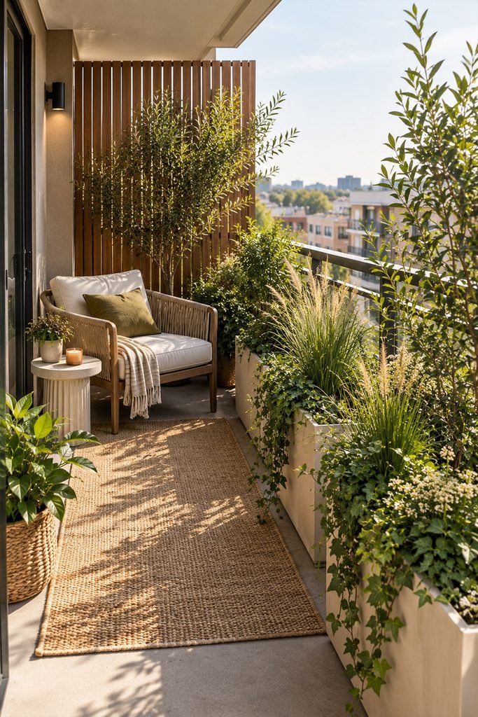 Apartment balcony privacy design using tall planters, greenery, and a wood screen