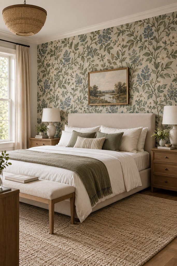 Botanical wallpaper feature wall behind a bed in an elegant American bedroom