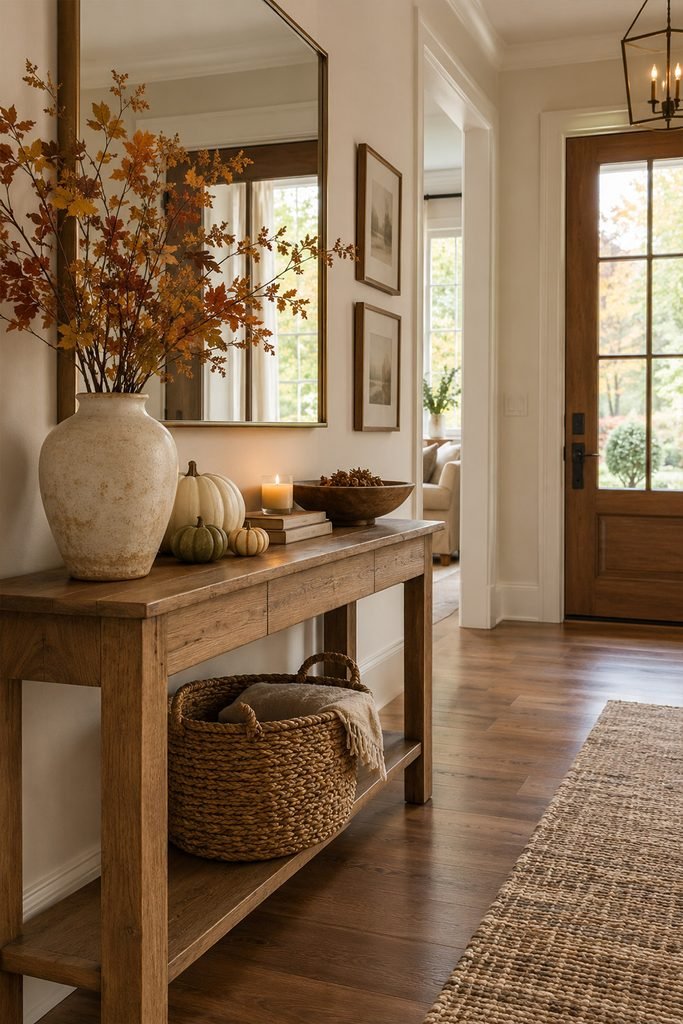 Welcoming Thanksgiving entryway with autumn branches and neutral pumpkins