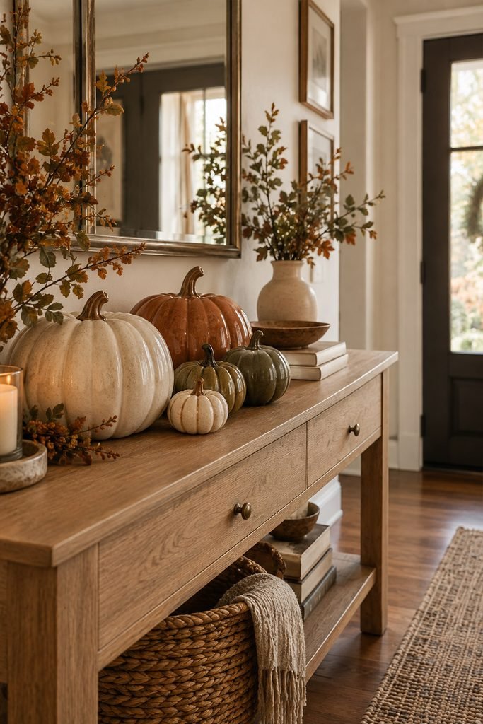 Neutral ceramic pumpkins styled on a Thanksgiving entryway console
