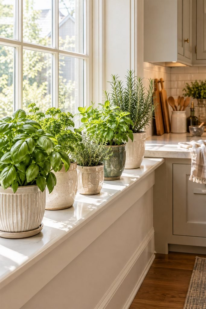 Small windowsill herb garden with basil, mint, parsley, thyme, and rosemary in a bright kitchen
