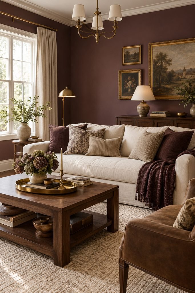Elegant living room with muted plum walls, ivory sofa, walnut furniture, antique brass, and vintage-inspired artwork