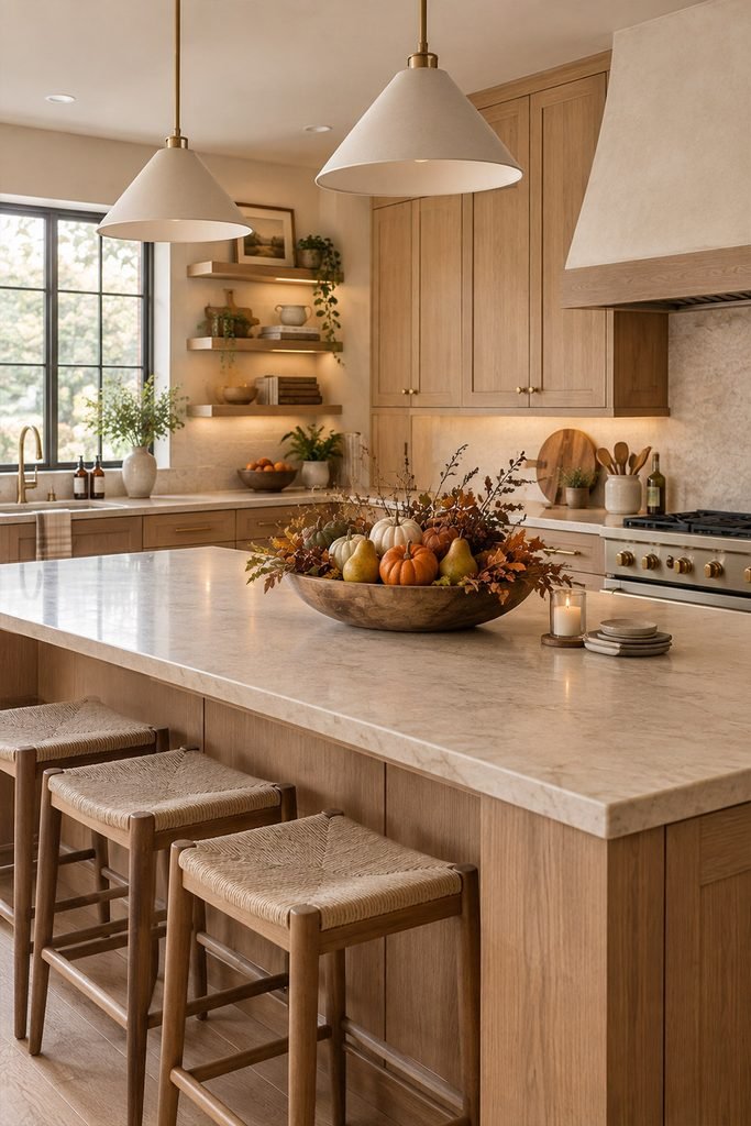 Thanksgiving kitchen island with a wooden bowl filled with autumn accents