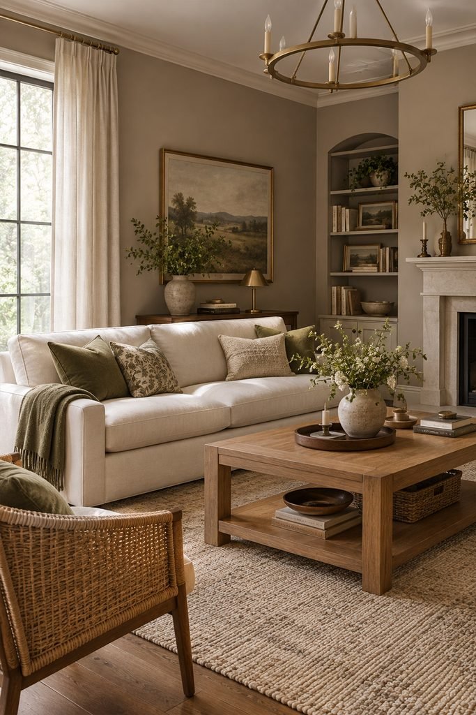 Timeless living room with soft mushroom walls, creamy sofa, natural oak furniture, and olive green accents