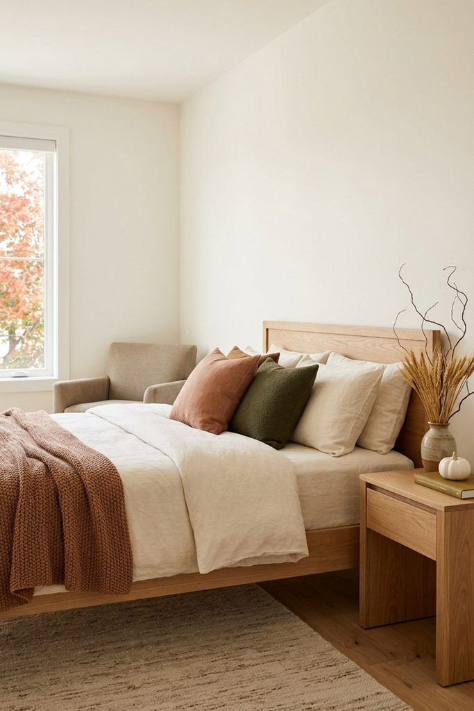 Peaceful bedroom with subtle Thanksgiving-inspired autumn accents