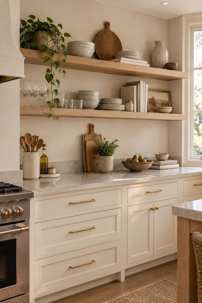 Natural wood open shelves styled with ceramic dishes, glassware, cookbooks, and a small plant in a warm kitchen.