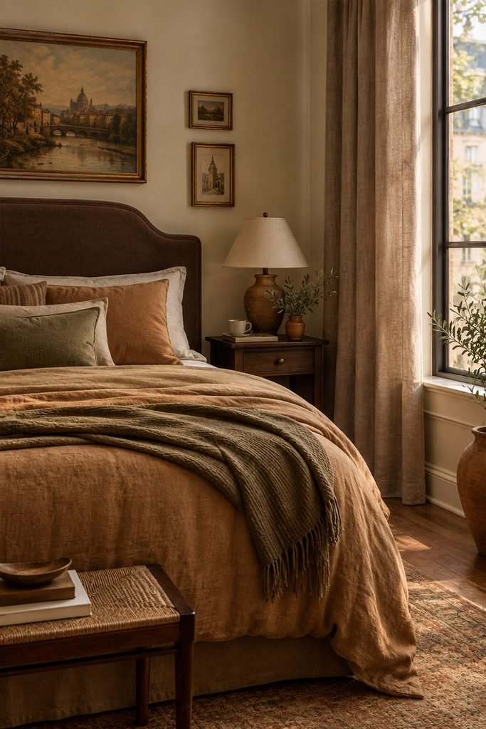 Warm coffee-toned bedroom with cream walls, espresso furniture, caramel bedding, and European café inspired accents
