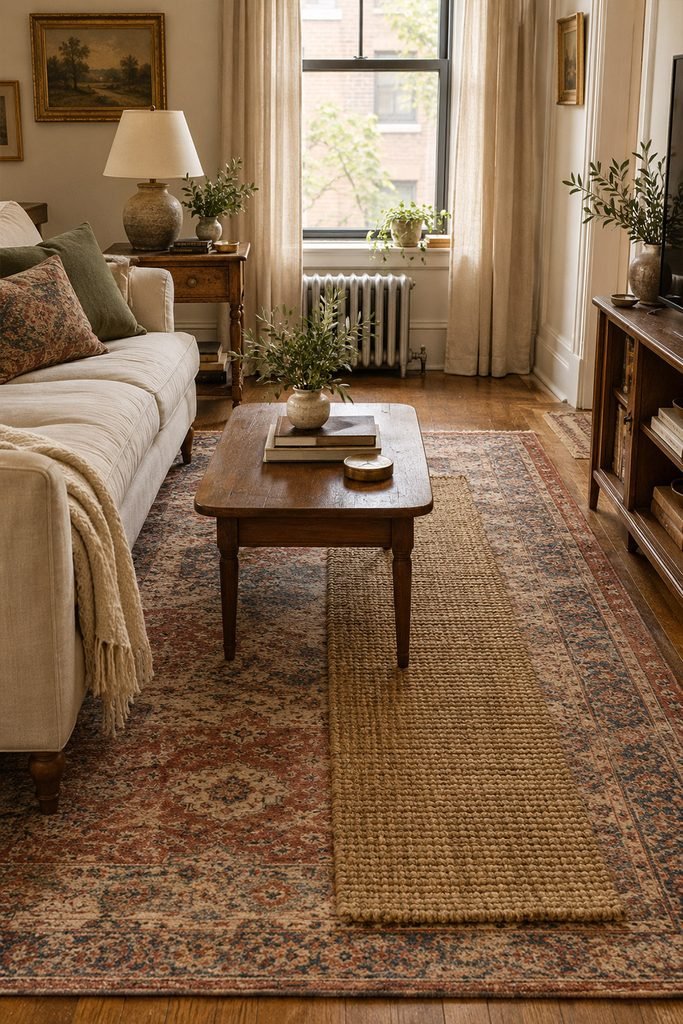 Vintage apartment living room with layered distressed Persian-style rugs, cream sofa, walnut furniture, and warm decor