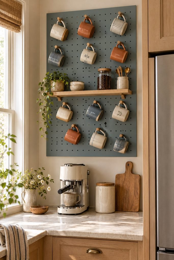 Colorful ceramic mugs hanging from a dusty blue pegboard wall in a small kitchen