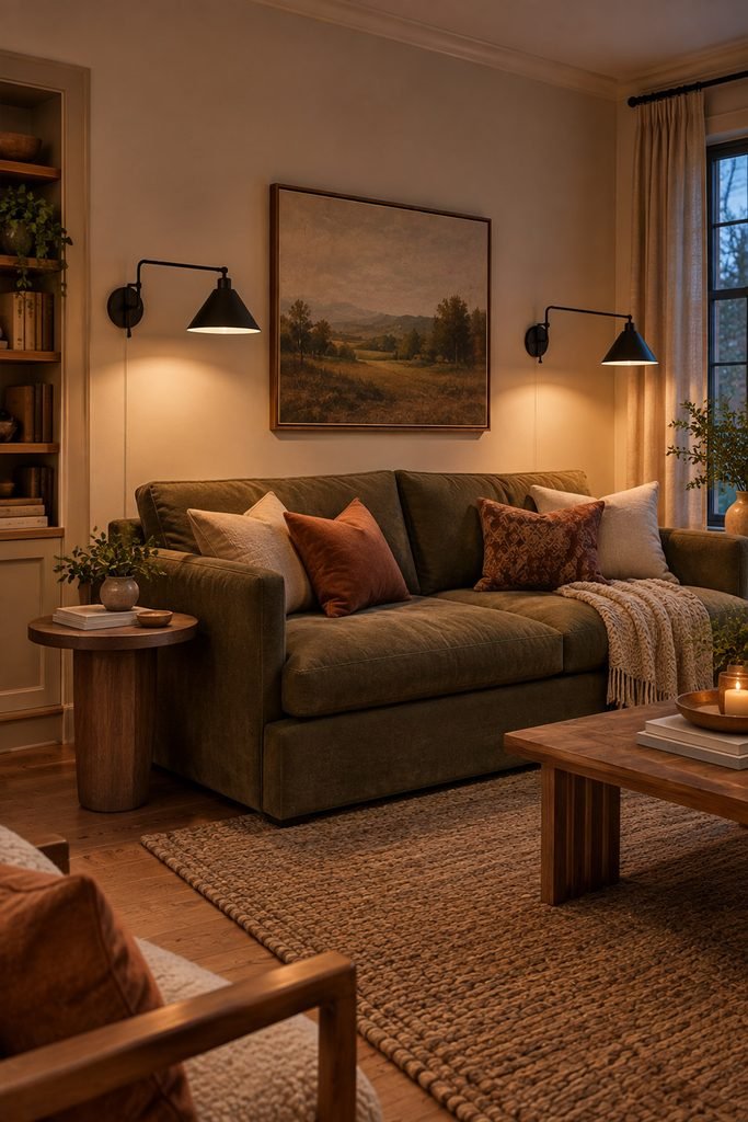 Matte black swing-arm sconces illuminating a sage green living room sofa