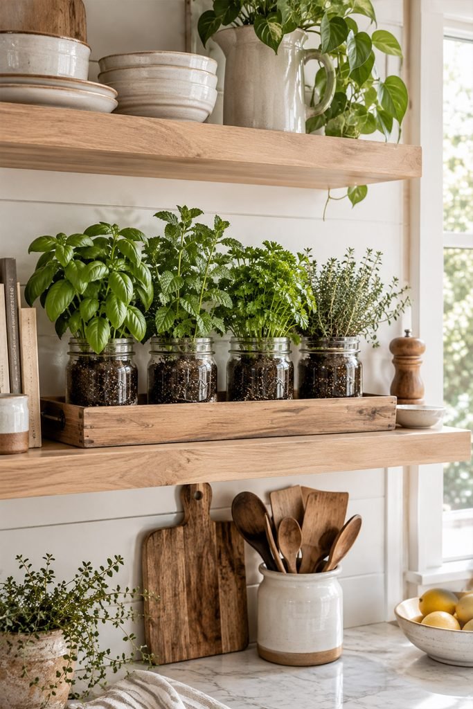 Mason jar herb garden with fresh kitchen herbs arranged on a wooden tray