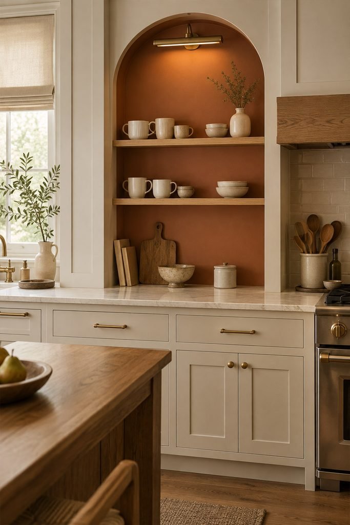 Cream ceramic mugs displayed on wooden shelves inside a terracotta-painted kitchen nook