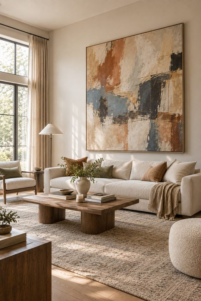 Oversized abstract artwork creating a dramatic feature wall in a modern living room