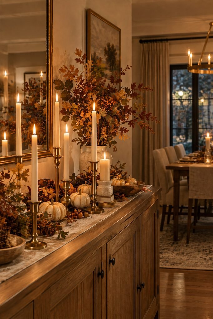 Warm Thanksgiving candlelight with autumn foliage and neutral pumpkins