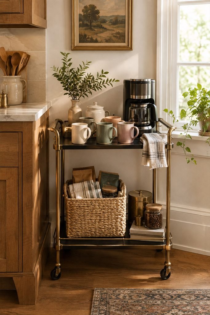 Ceramic mugs and coffee accessories arranged on a vintage brass bar cart in a kitchen