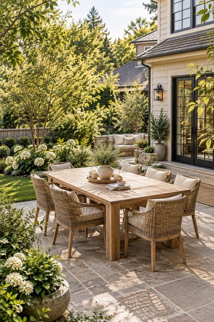 Elegant outdoor dining area with teak table and woven chairs on an American backyard patio