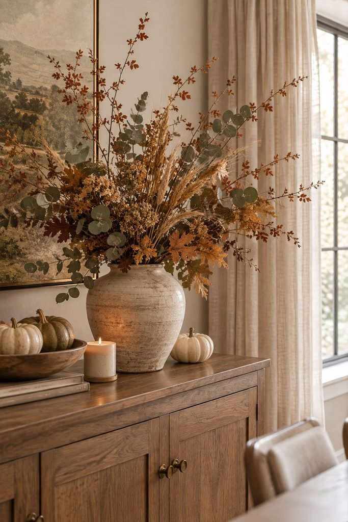Natural autumn branches and foliage styled in a ceramic vase