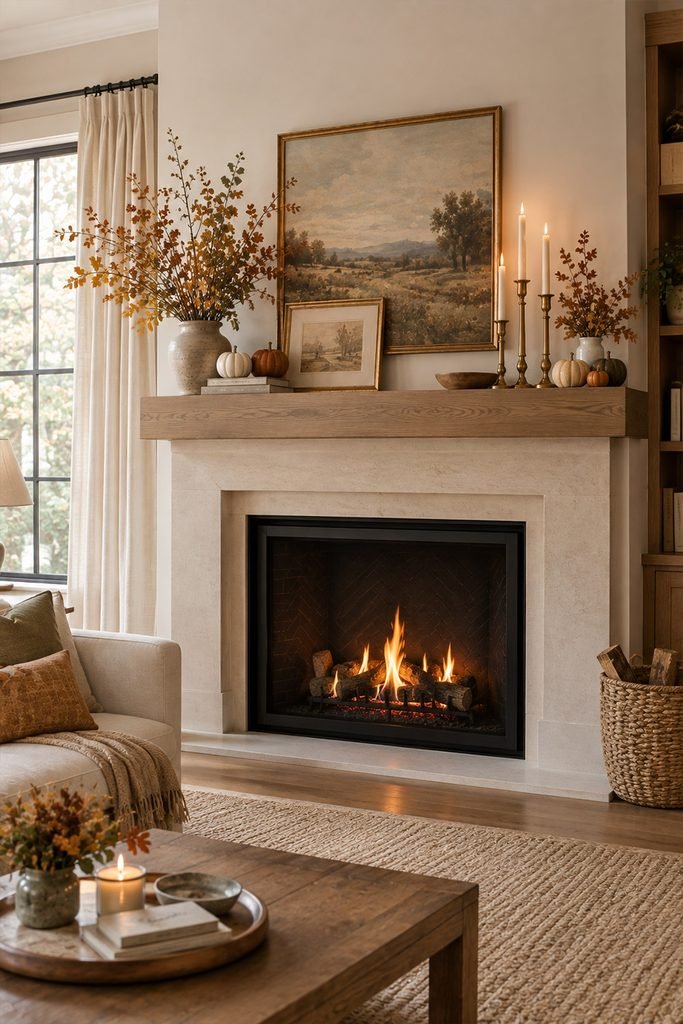 Elegant Thanksgiving fireplace mantel with pumpkins and autumn foliage