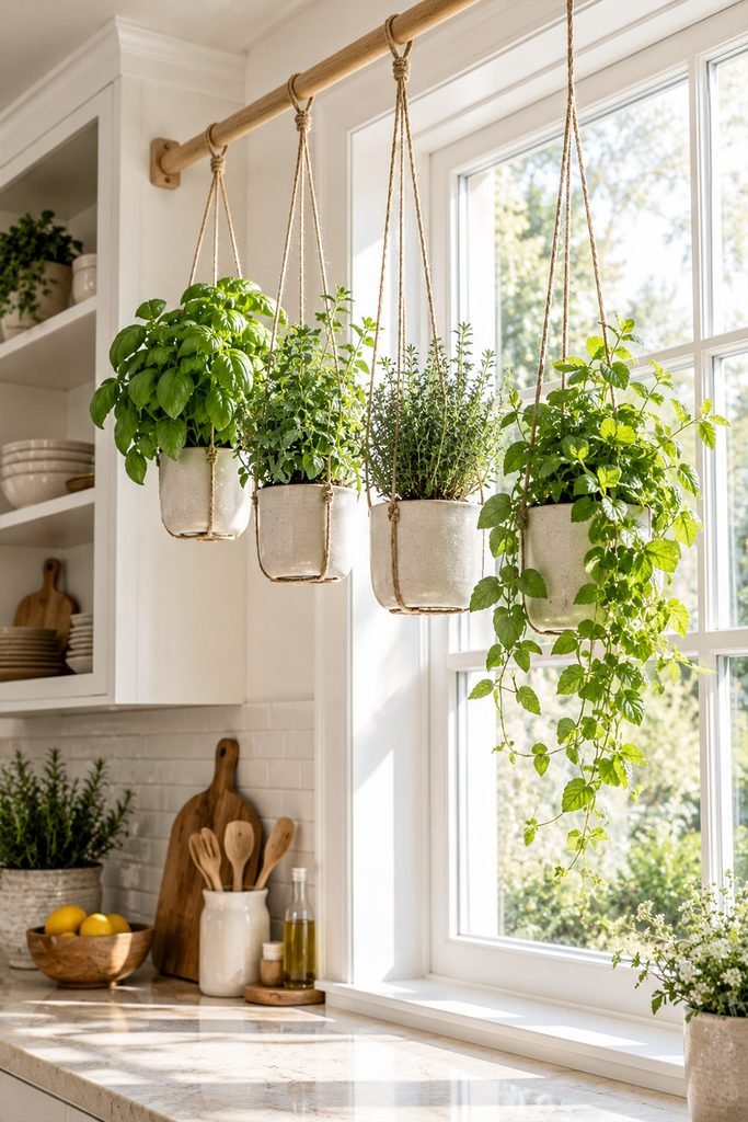 Hanging herb garden with small planters suspended beside a sunny kitchen window