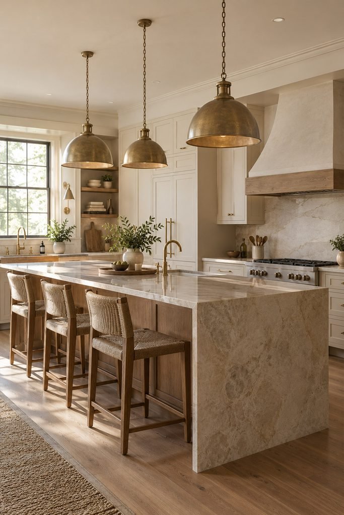 Stylish kitchen with elegant pendant lights above a stone island, warm white cabinetry, wood accents, and refined finishes.