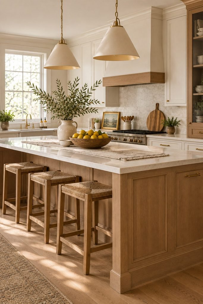 Finished American kitchen styled with a wooden fruit bowl, ceramic vase, framed artwork, linen runner, and natural accents.