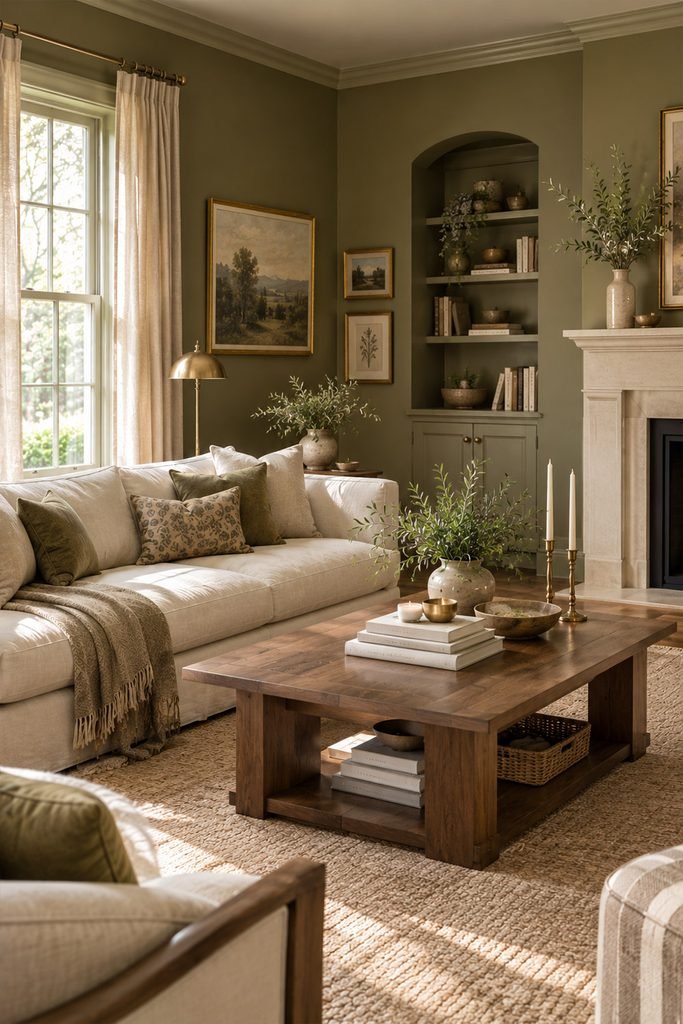 Sophisticated living room with muted olive green walls, cream sofa, walnut furniture, and brass accents